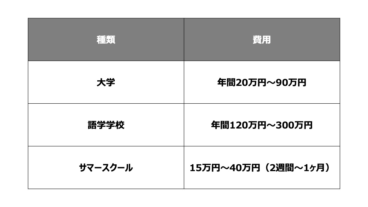 同じプログラムでも、期間や通う学校などによって費用は大きく変動します。