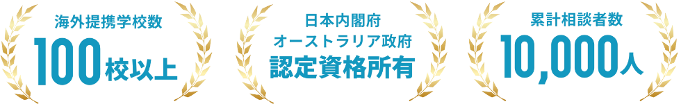 海外提携学校数100校以上、日本内閣府オーストラリア政府認定資格保有、累計相談者数10,000人