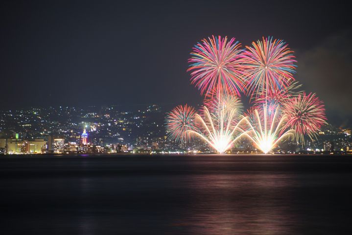別府の夏の風物詩である「べっぷ火の海まつり」やその他の湾内での打ち上げシーンである可能性が高いです。