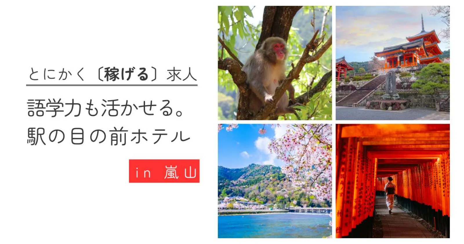 【京都の嵐山温泉で稼げる求人】インバウンド客も多いので英語が生かせる◎駅近の施設なのでアクセス良好です!