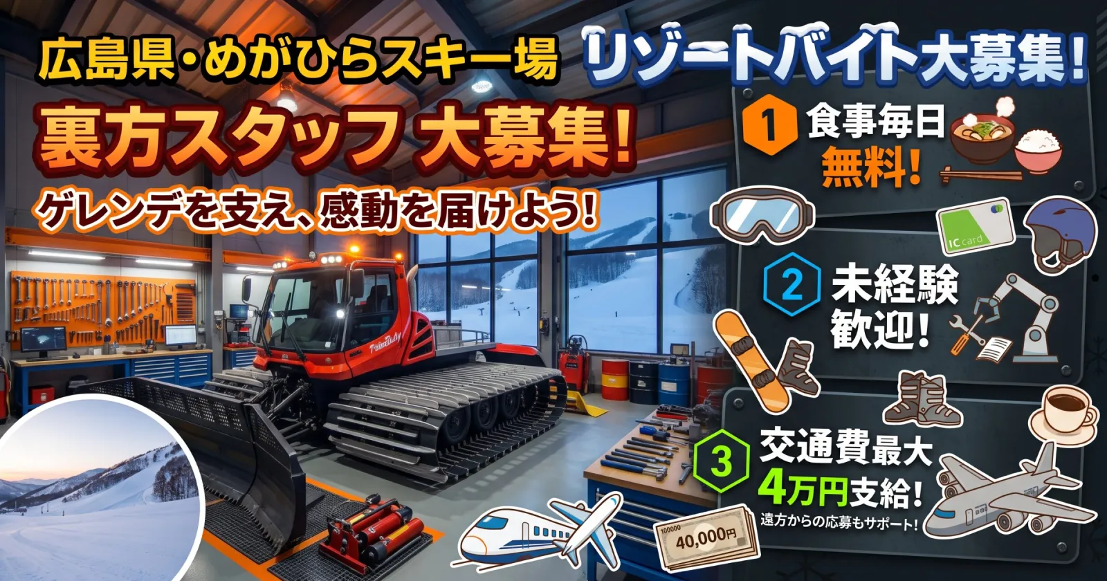 【12月・1月入職募集】【リフト&レンタル無料】【交通費最大4万円】広島の大型スキー場で裏方のお仕事