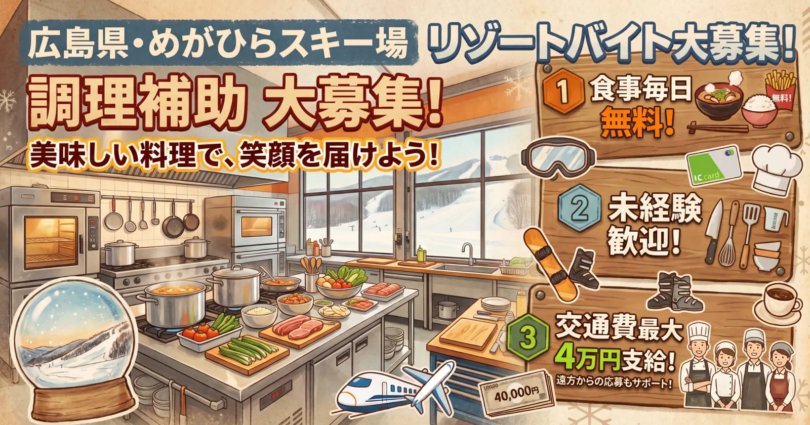 【12月・1月入職募集】【リフト&レンタル無料】【交通費最大4万円支給】広島の大型スキー場でレストラン調理補助のお仕事