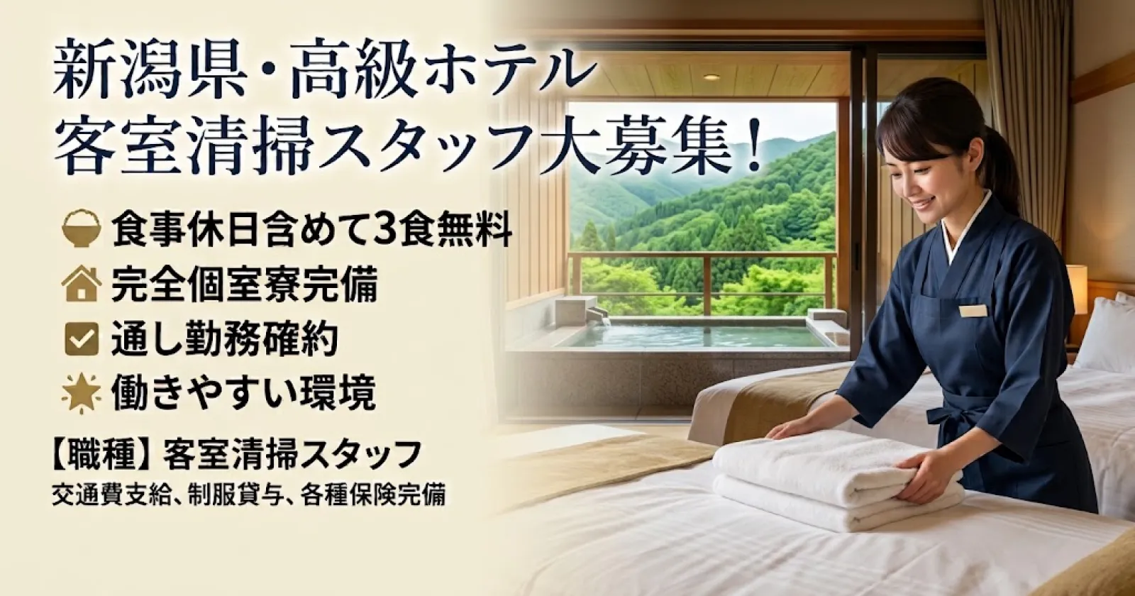 【休日含めて3食食事支給あり・生活費基本0円・寮内WIFI付き・経験者採用率高め】妙高のホテルで働く客室清掃のお仕事です。
