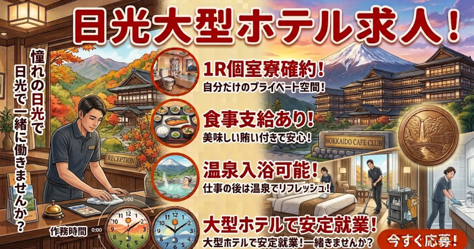 【コピー】【1R個室寮】日光の温泉ホテルでバイキングレストランのお仕事！