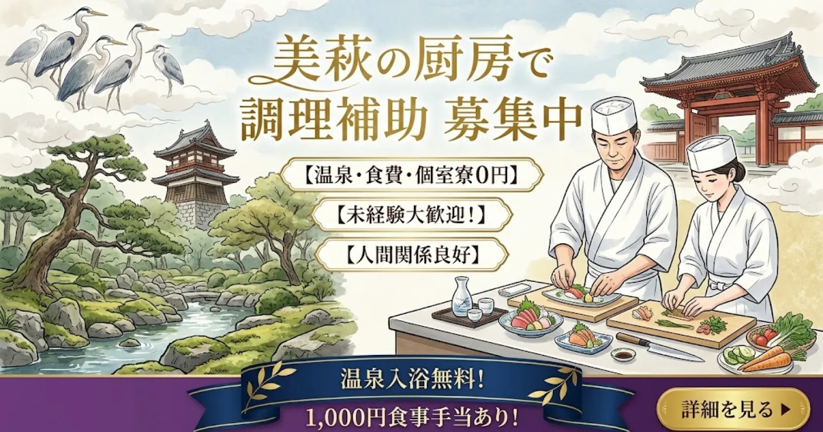【温泉サウナ無料×未経験歓迎×人間関係良好】山口県萩市のリゾートホテル 友人カップル応募可能!出勤日×1,000円食事手当あり!海の近くで働きませんか?