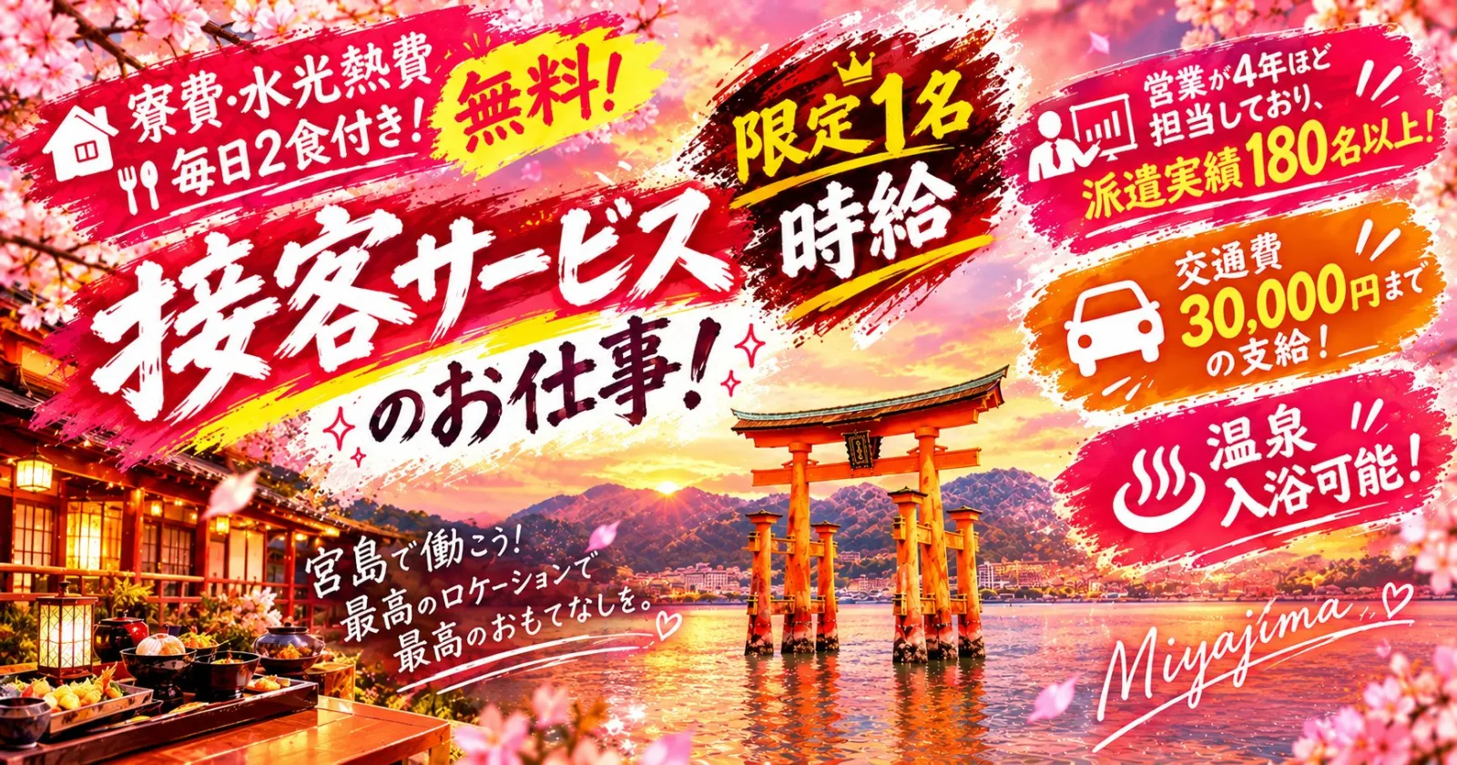 【限定1名時給】【 担当オススメ施設 】延長者と再就業者が続出の、スタッフに人気旅館です！【２施設の温泉入浴可能×寮費水光熱費無料で毎日2食付き×働きやすい声多数！】